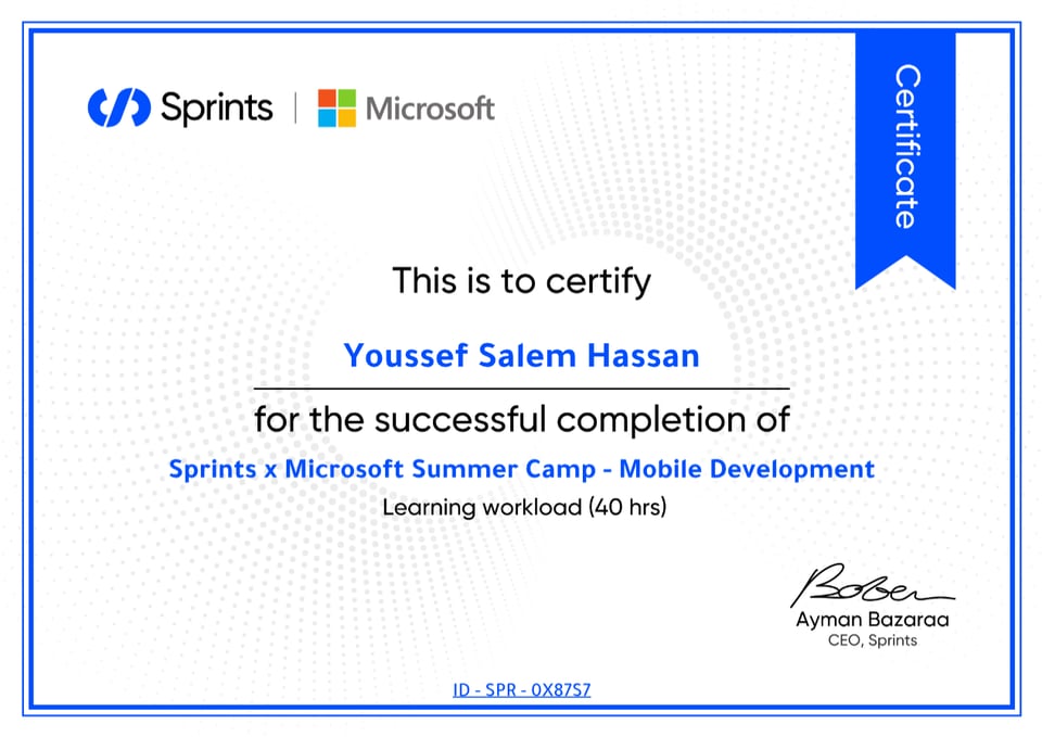 Sprints x Microsoft Summer Camp - Mobile Development certificate preview thumbnail — issued by Sprints x Microsoft
