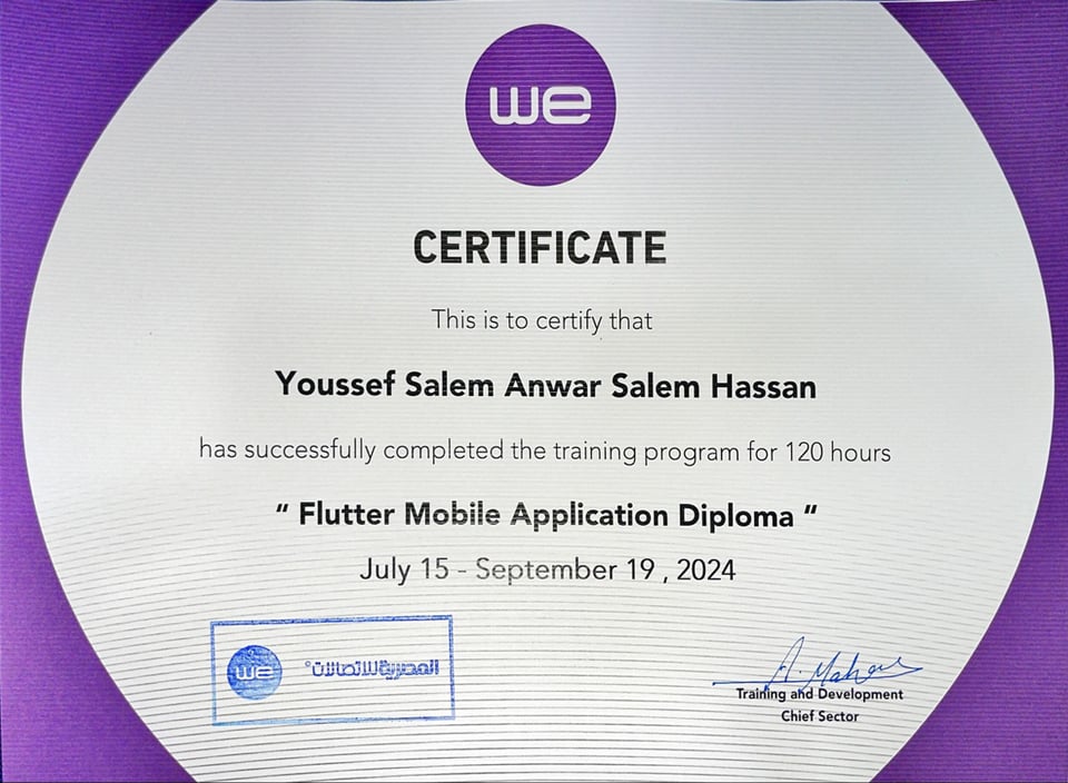 Mobile Application Developer by Flutter certificate preview thumbnail — issued by Telecom Egypt